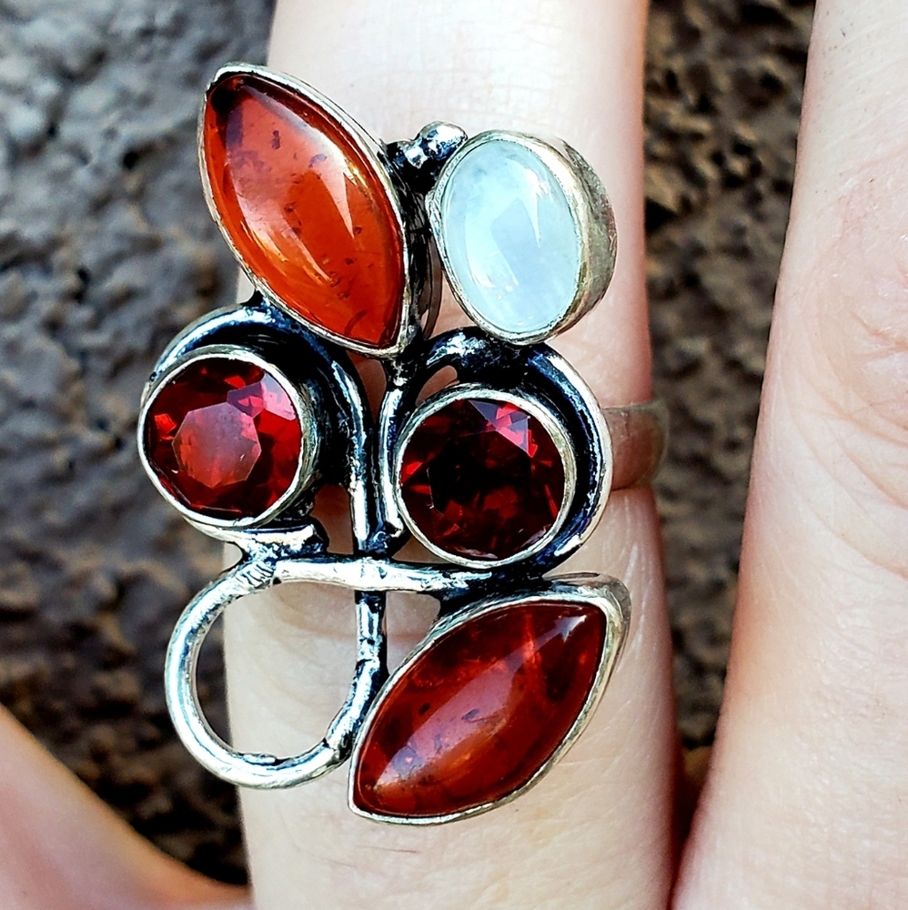 New Amber, Garnet & Rainbow Moonstone 925 Silver Ring. - Picture 1 of 16